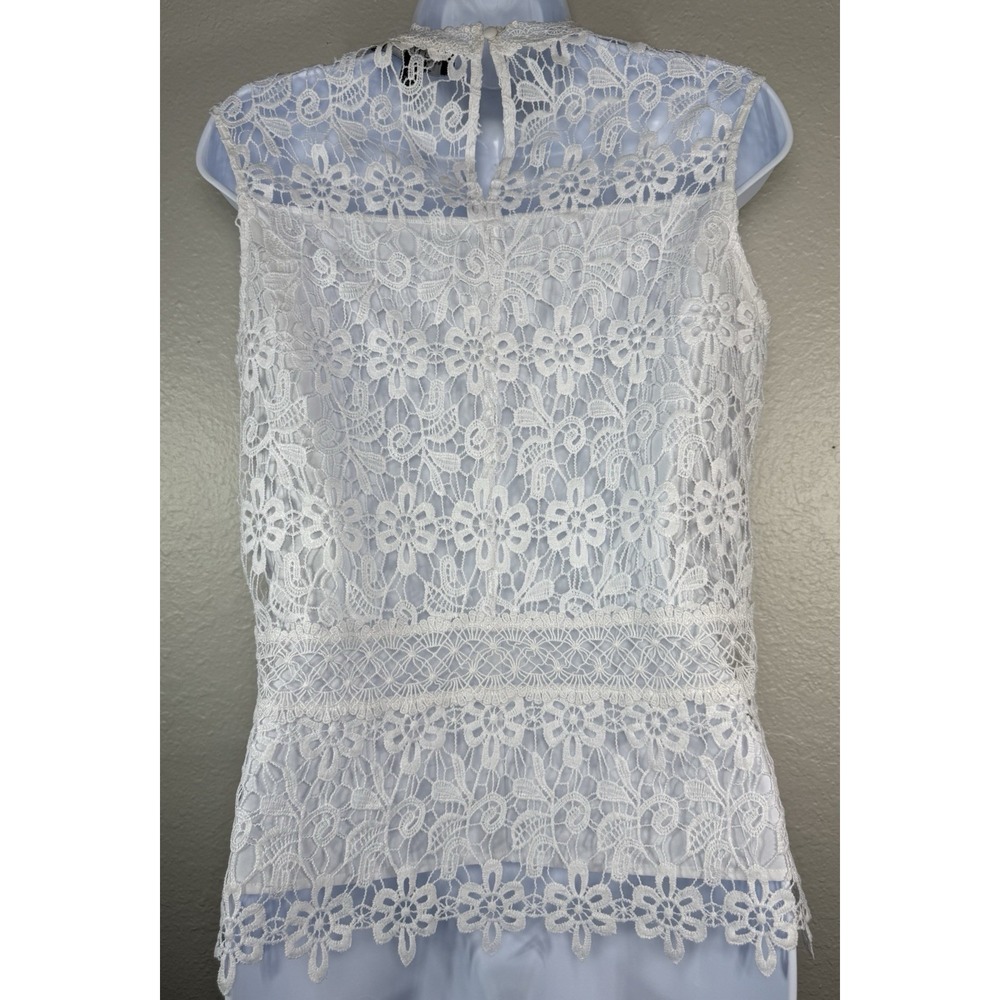 LAUNDRY Women White Lace Overlay Blouse Top Shirt Sz S floral crochet high neck - Picture 3 of 7